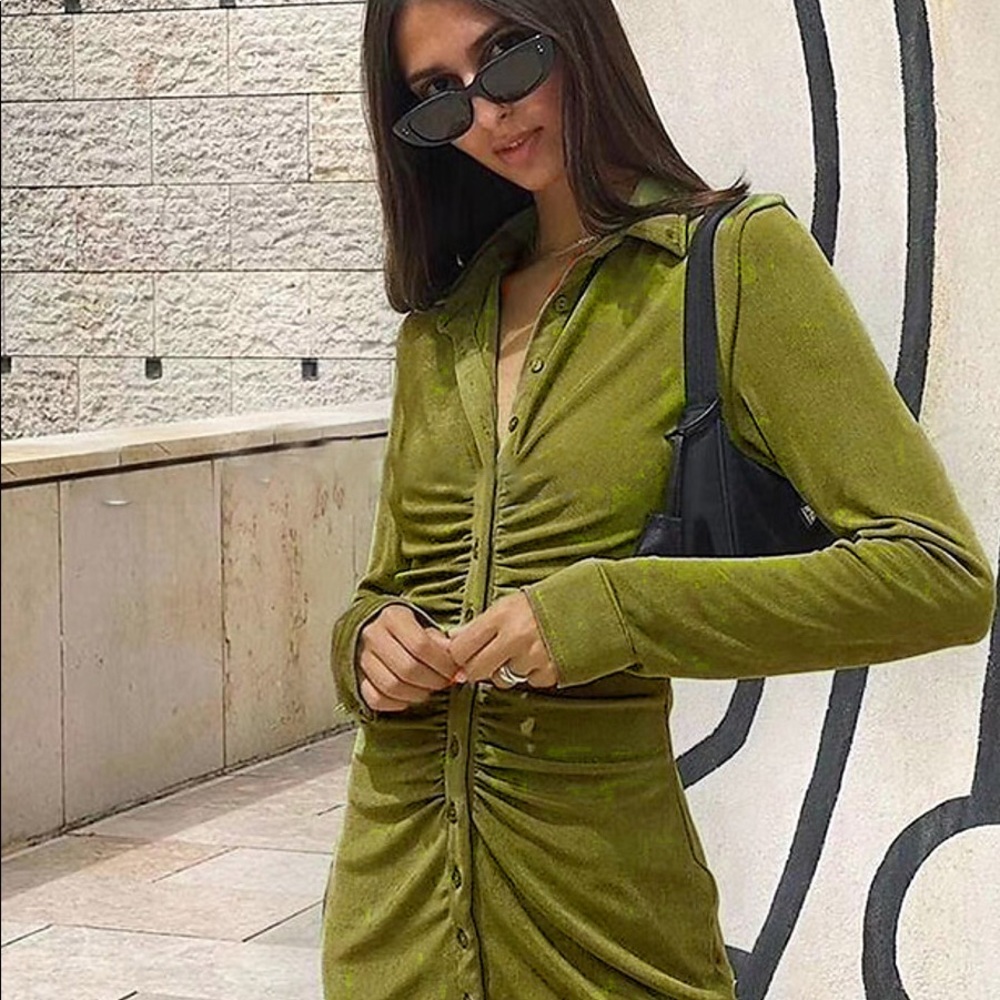 Olive Green velvet button up dress